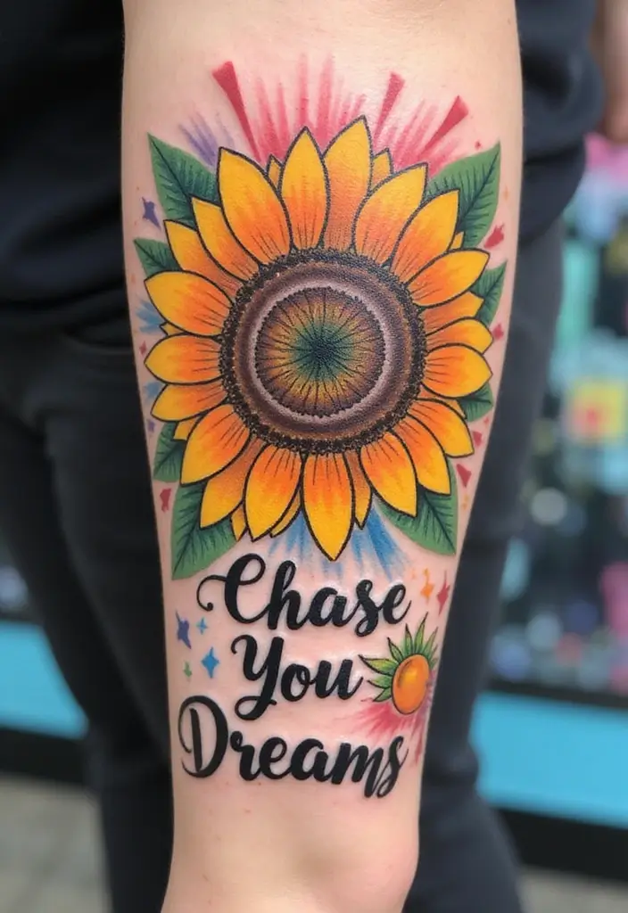 30 Sunflower and Quote Tattoo Ideas Full of Positivity - 15. Sunflower with 'Chase Your Dreams'
