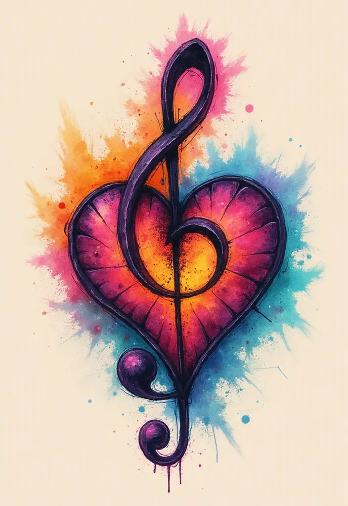 30 Treble Clef and Bass Clef Heart Tattoo Ideas for Music Lovers - 16. Colorful Clef Heart