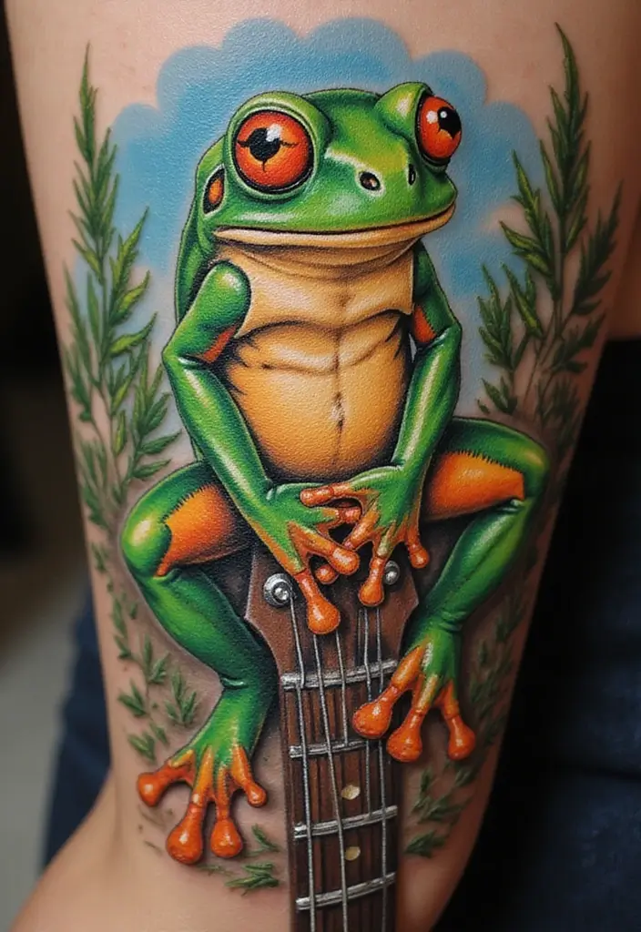30 Tree Frog Tattoos with Playful and Unique Vibes - 15. Tree Frog on a Guitar