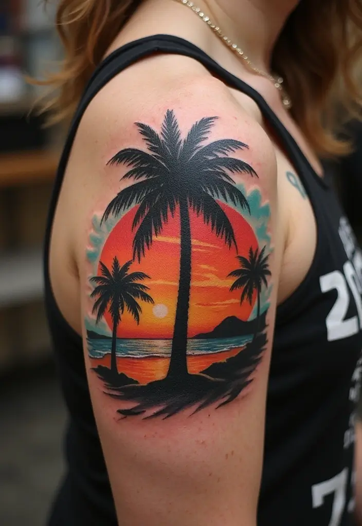 30 Tree on Shoulder Tattoo Ideas That Look Stunning - 15. Palm Trees Paradise