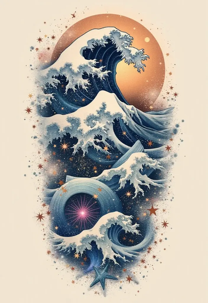 30 Wave Tattoo Sleeve Ideas That Make a Bold Statement - 15. Celestial Wave Designs