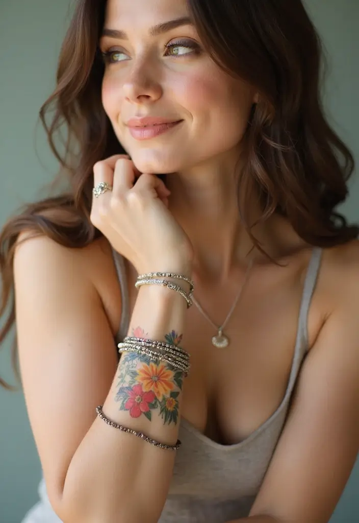 30 Women’s Feminine Arm Tattoos That Look Stylish - 15. Floral Wristbands