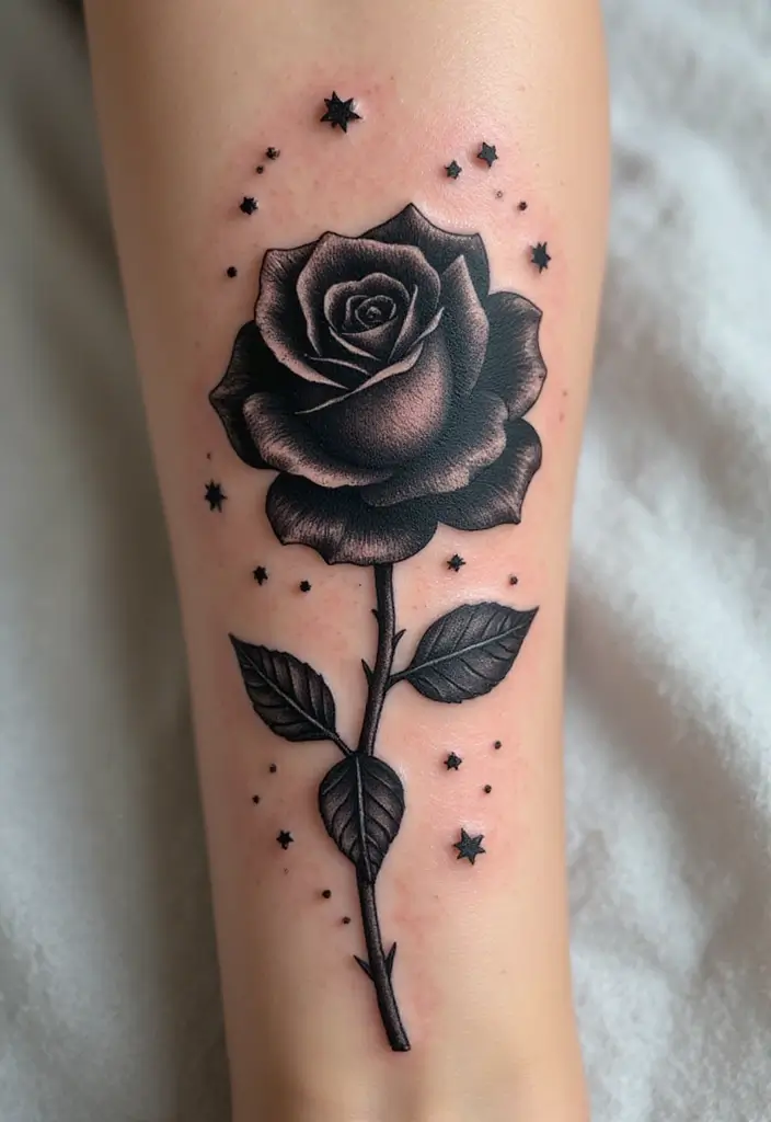30 Black Rose Tattoo Meaning and Design Inspirations - 16. Black Rose with Star Elements