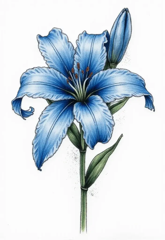 30 Blue Lily Tattoo Designs That Look Elegant - 16. Detailed Blue Lily with Stippling