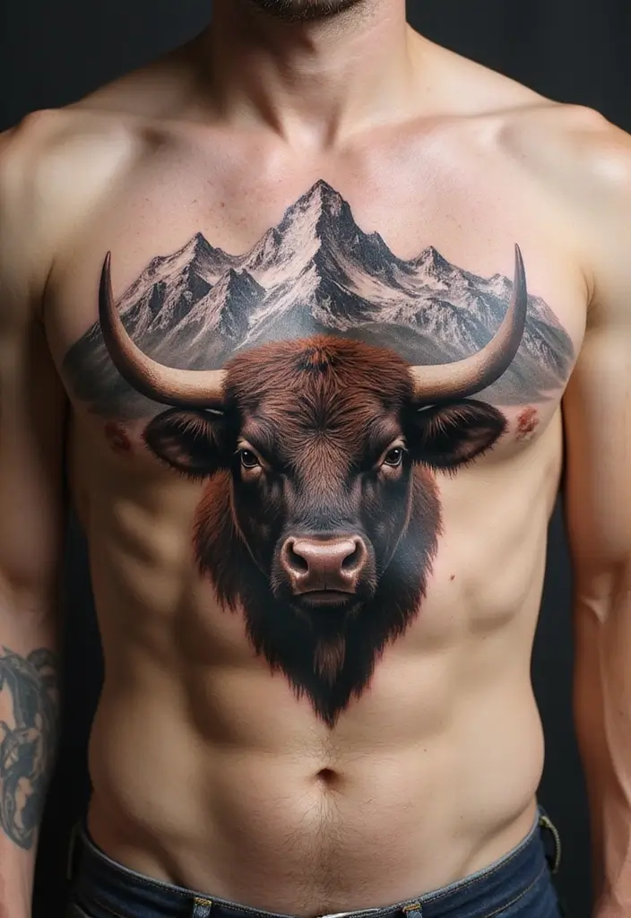 30 Bull Tattoo Chest Ideas Full of Strength - 16. Bull and Mountain Range
