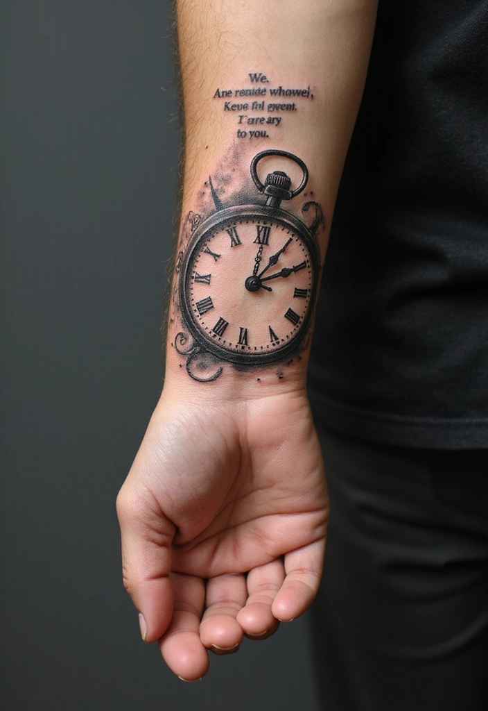 30 Clock Tattoo on Hand Ideas That Stand the Test of Time - 16. Timepiece with a Quote