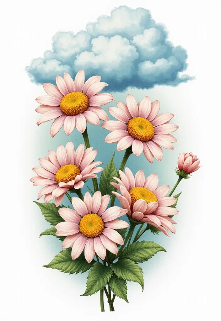30 Colorful Daisy Tattoo Inspirations Full of Joy - 16. Whimsical Daisies with Clouds