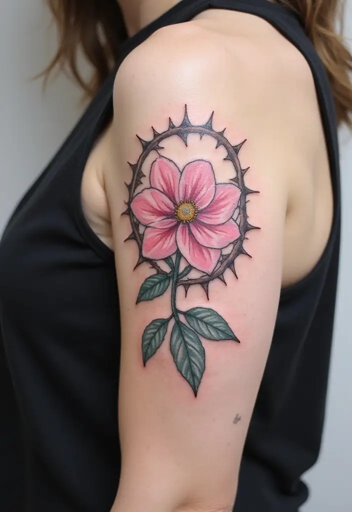 30 Crown of Thorns Bicep Tattoo Inspirations You’ll Admire - 16. Ethereal Bloom