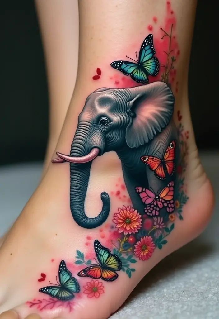 30 Elephant Tattoo Designs That Represent Strength and Wisdom - 16. Elephant with Butterfly