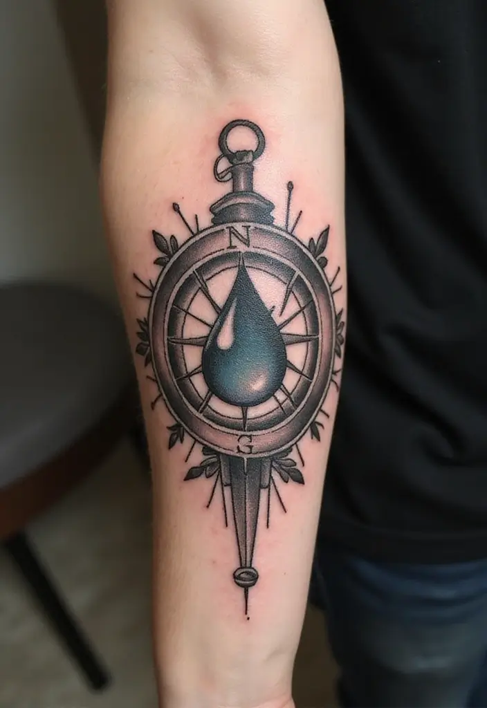 30 Empty Teardrop Tattoo Meaning and Design Ideas - 16. Teardrop with a Compass