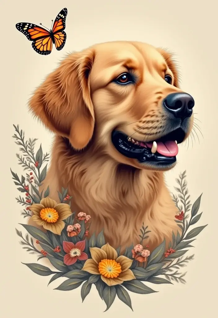30 Golden Retriever Memorial Tattoos Honoring Beloved Pets - 16. Golden Retriever and a Butterfly