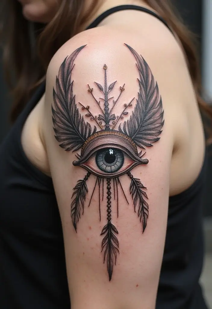 30 Greek Eye Tattoo Meaning and Stunning Design Ideas - 16. Greek Eye with Feather Accents