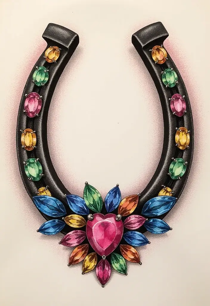 30 Horse and Horseshoe Tattoos for Luck and Freedom - 16. Horseshoe with Gemstones