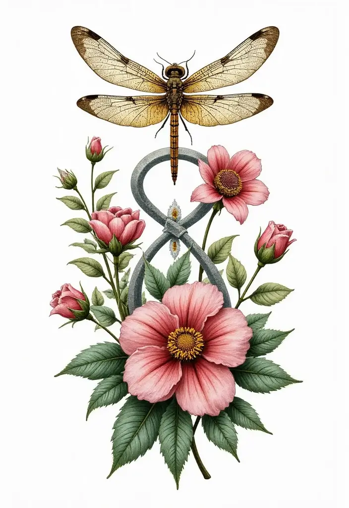 30 Infinity Dragonfly Tattoo Designs with Meaning - 16. Enchanted Garden Infinity Dragonfly