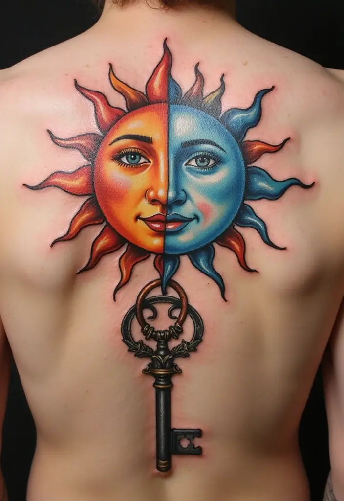 30 Key Lock Tattoo Ideas Symbolizing Love and Mystery - 16. Sun and Moon Key Lock