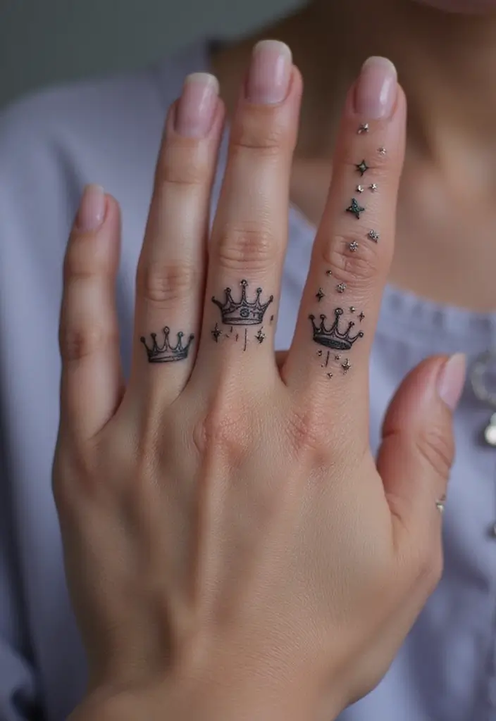 30 King and Queen Tattoos Finger Designs for Couples - 16. Celestial Crowns