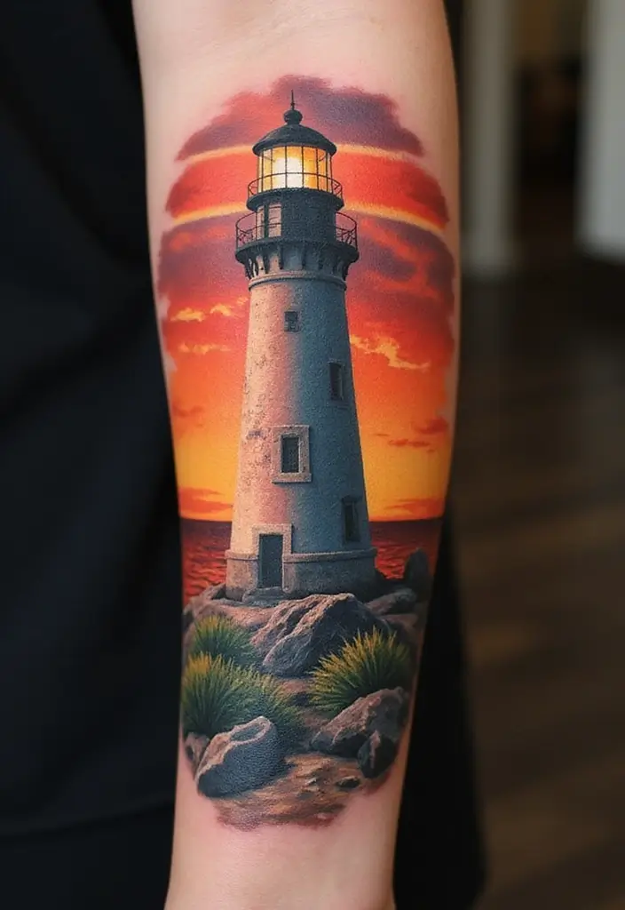 30 Lighthouse Forearm Tattoo Ideas That Guide the Way - 16. Lighthouse and Sunset