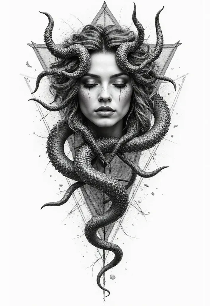 30 Medusa Tattoos for Females with Bold and Fierce Symbolism - 16. Medusa with Geometric Shapes
