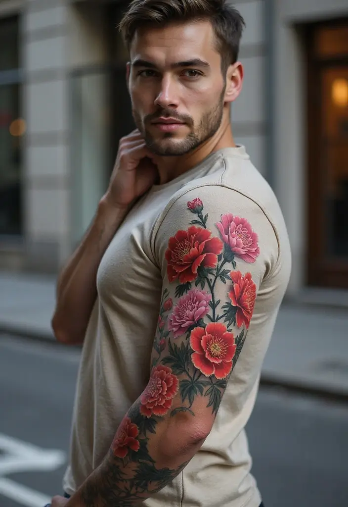 30 Men’s Floral Tattoo Half Sleeve Inspirations - 16. Bold Carnations