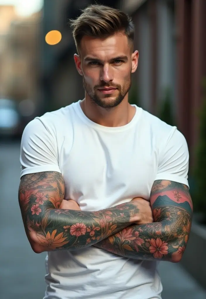 30 Mens Flower Sleeve Tattoo Ideas with Bold Florals - 16. Floral Landscape: Nature on Your Skin
