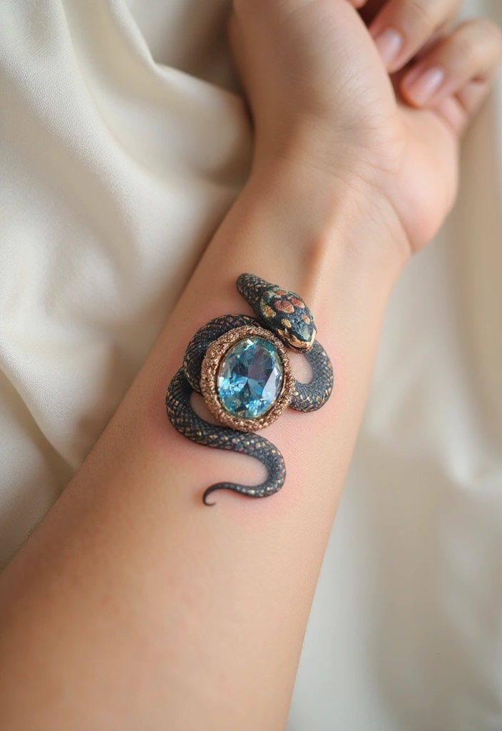 30 Minimalist Small Snake Tattoo Inspirations for Nature Lovers - 16. Snake with a Gem