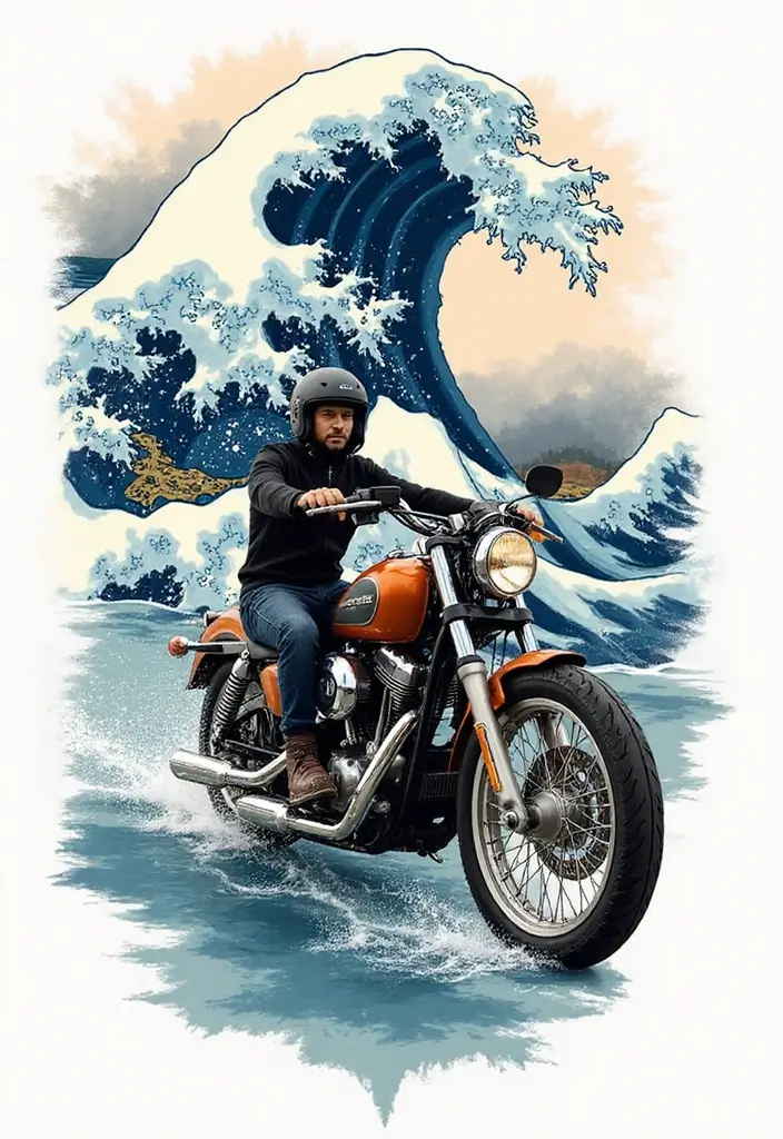 30 Motorcycle Tattoo Ideas for Riders and Enthusiasts - 16. Artistic Waves and Motorcycles