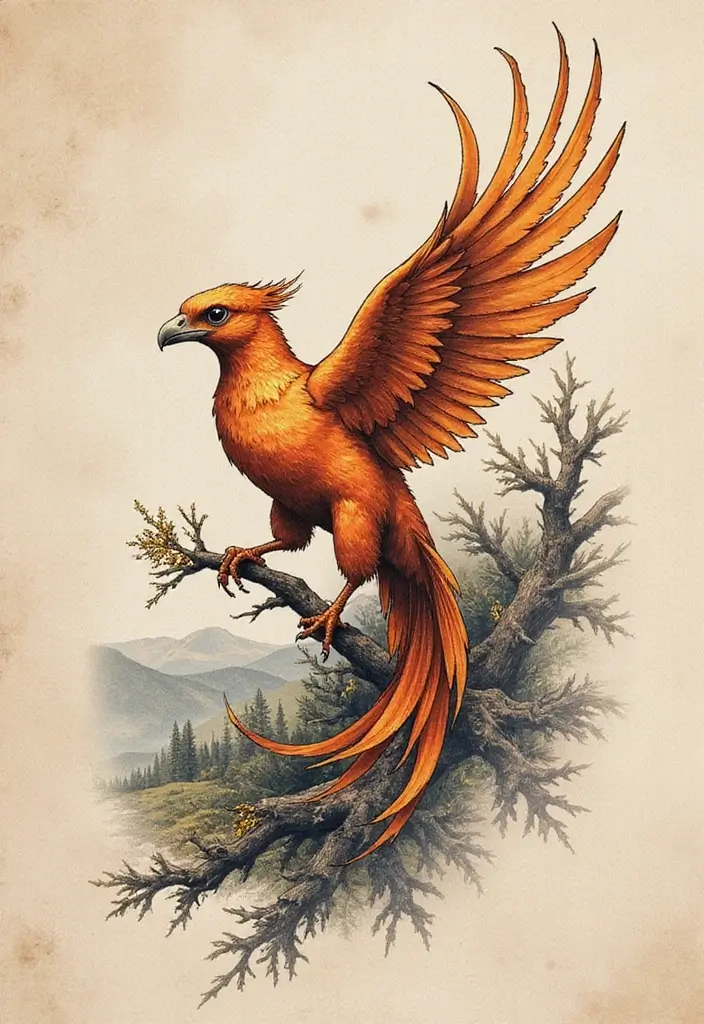 30 Phoenix Reborn Tattoo Designs with Deep Meanings - 16. Mythical Phoenix in a Landscape
