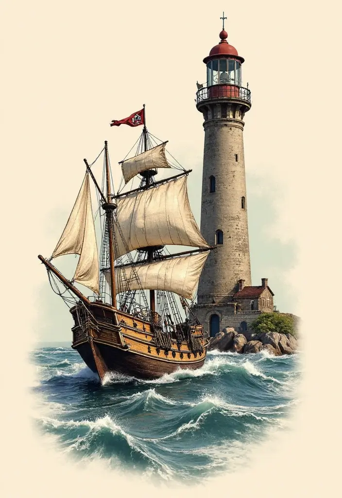 30 Pirate Ship Tattoo Designs for Ocean Lovers - 16. Pirate Ship with a Lighthouse