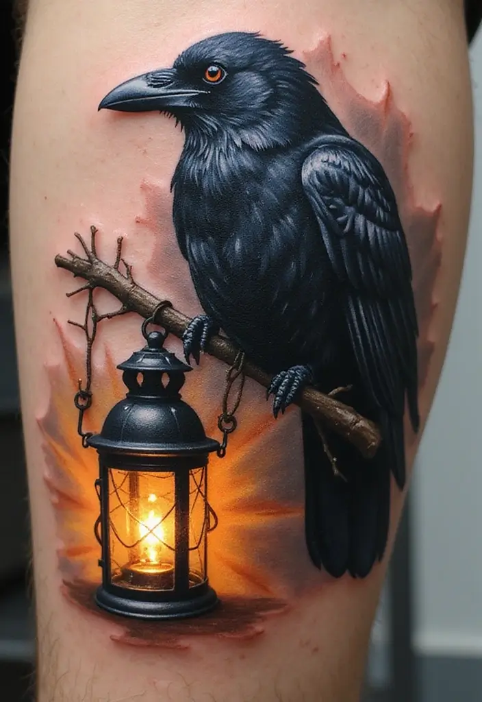 30 Raven Tattoo Shoulder Designs That Look Powerful - 16. Raven with Lantern
