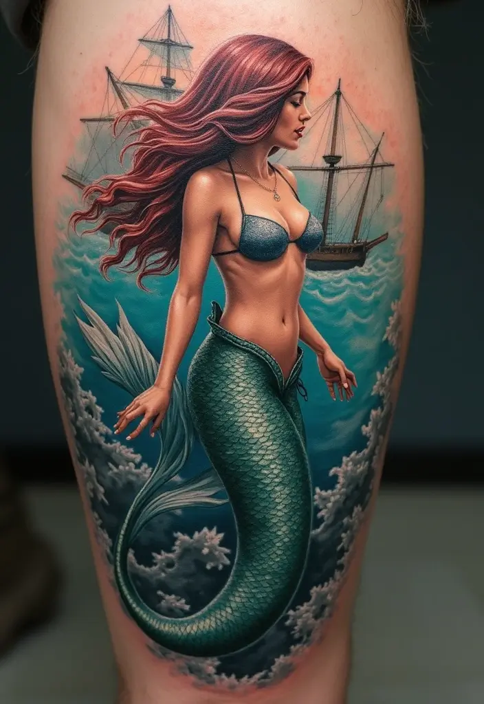 30 Realism Mermaid Tattoo Inspirations That Look Breathtaking - 16. Mermaid and the Shipwreck
