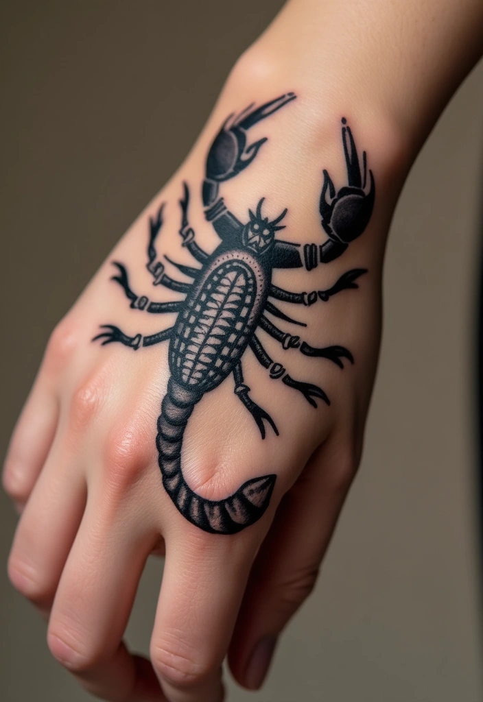 30 Scorpion Tattoo on Hand Meaning and Bold Designs - 16. Decorative Scorpion Tattoos: Patterns and Textures