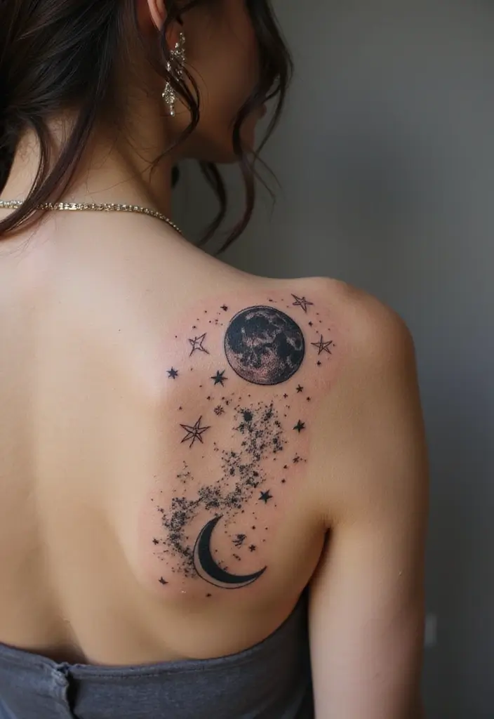 30 Shoulder and Back Tattoos for Women That Look Stunning - 16. Celestial Tattoos
