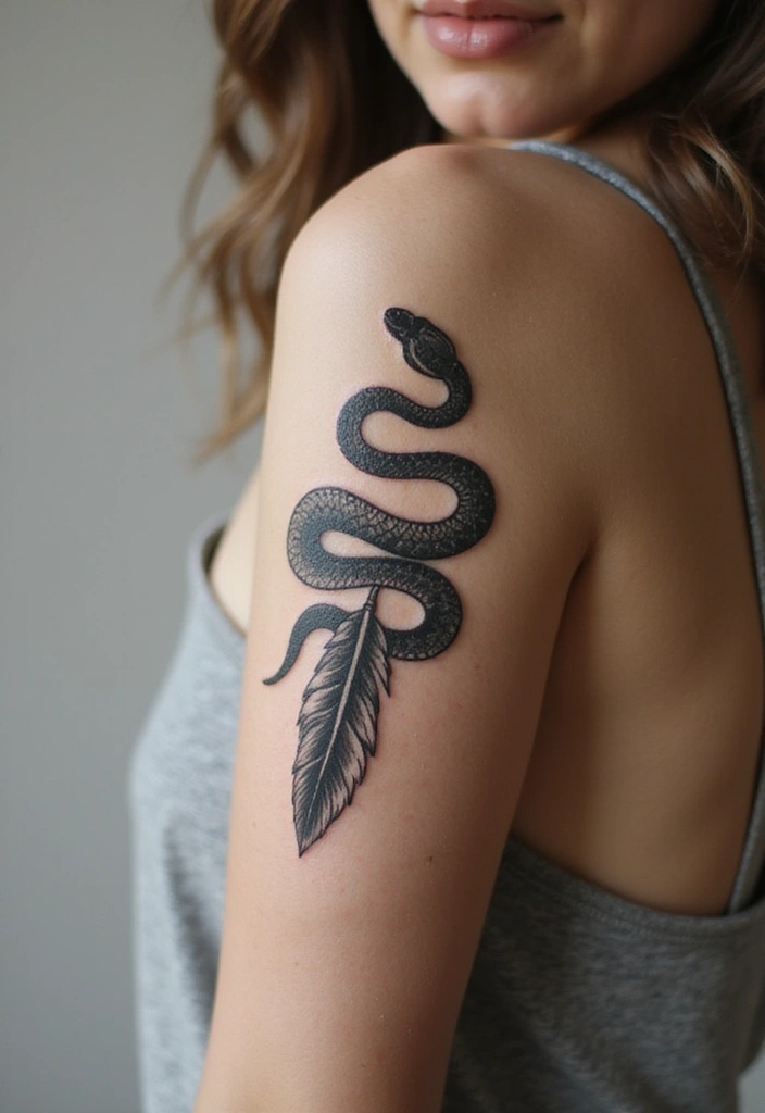 30 Snake Body Tattoo Designs That Look Striking - 16. Snake and Feather