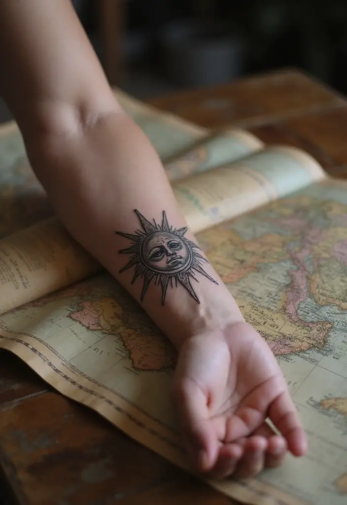 30 Sun Tattoo Men Ideas for Radiant Energy - 16. Sun and Compass Tattoo