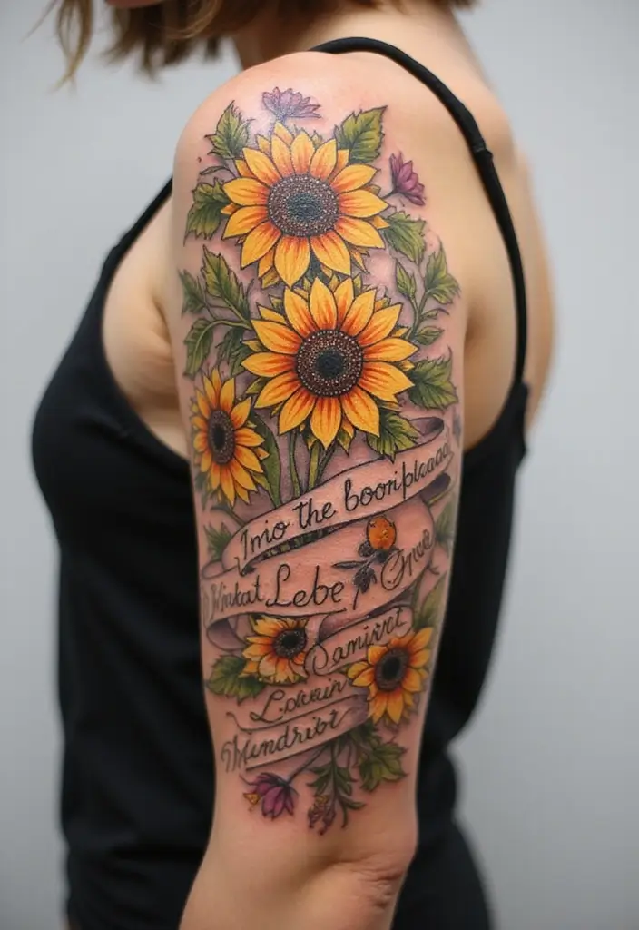 30 Sunflower and Quote Tattoo Ideas Full of Positivity - 16. Sunflower Half-Sleeve with Inspirational Quote