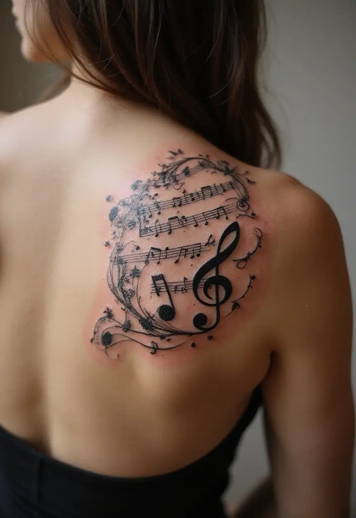 30 Tattoo Shoulder Designs for Women with Feminine Flair - 16. Music-Inspired Designs
