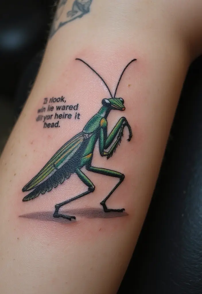 30 Traditional Praying Mantis Tattoo Ideas You’ll Love - 16. Mantis with Quote