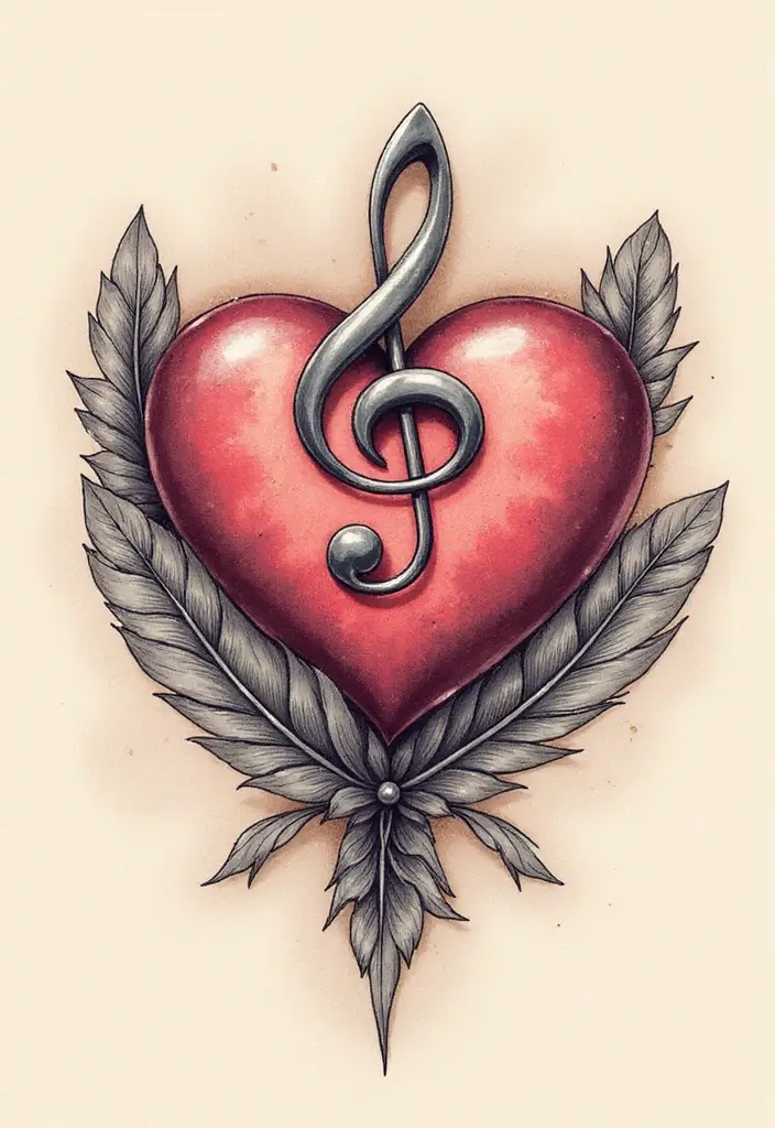 30 Treble Clef and Bass Clef Heart Tattoo Ideas for Music Lovers - 17. Clef Heart with Feathers