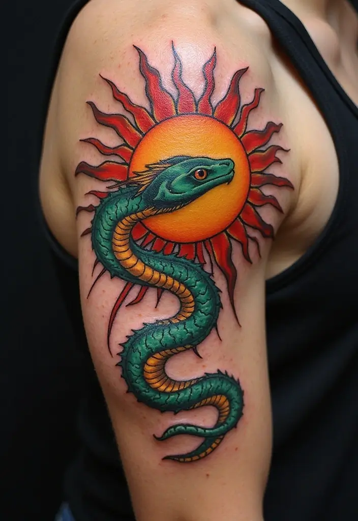 30 Viking Snake Tattoo Designs with Norse Symbolism - 16. Serpent and the Sun