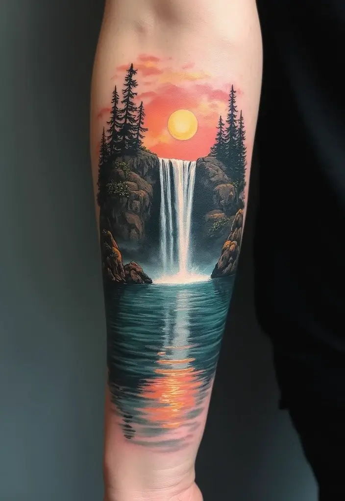 30 Waterfall Tattoos That Flow with Beauty - 16. Waterfall Reflections