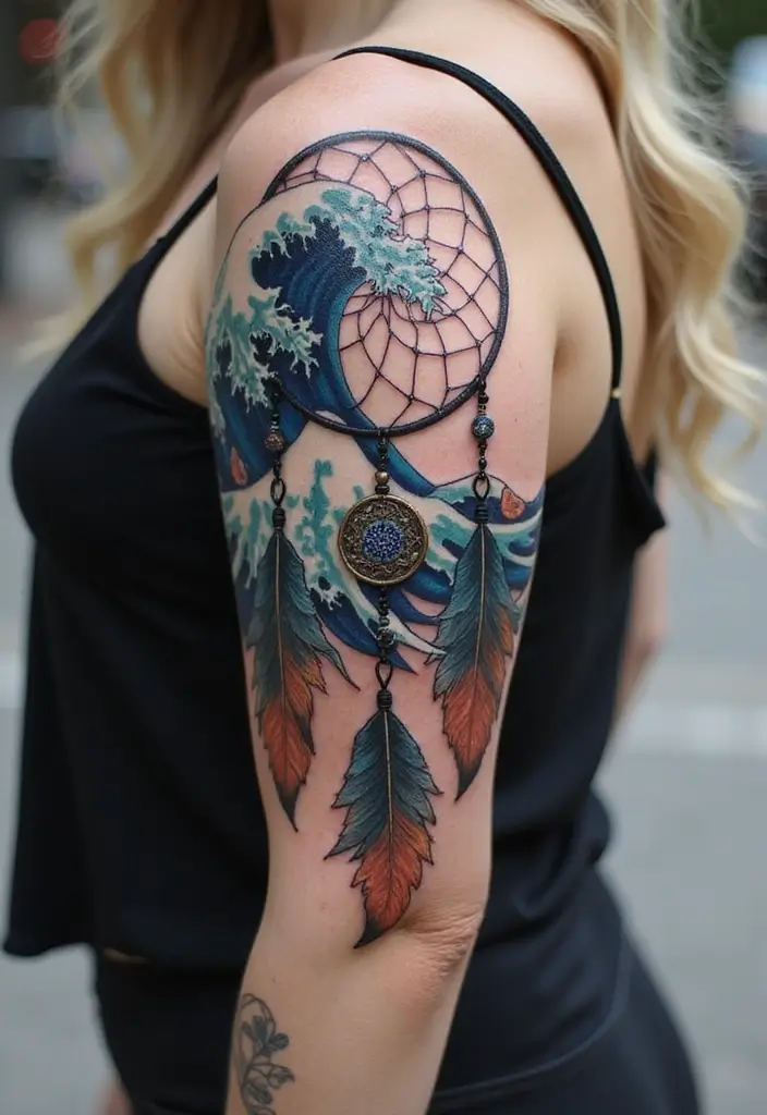 30 Wave Tattoo Sleeve Ideas That Make a Bold Statement - 16. Dreamcatcher Waves