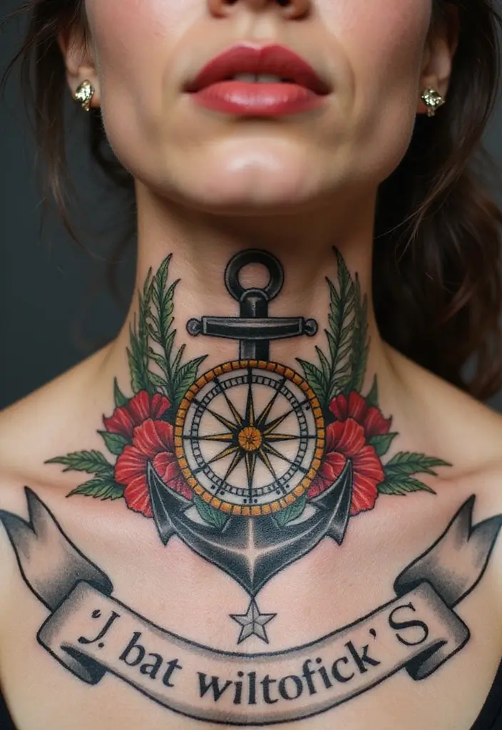 30 Women's Throat Tattoos That Are Edgy and Elegant - 16. Nautical Themes
