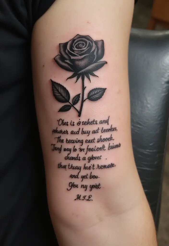 30 Black Rose Tattoo Meaning and Design Inspirations - 17. Black Rose with Quote or Phrase