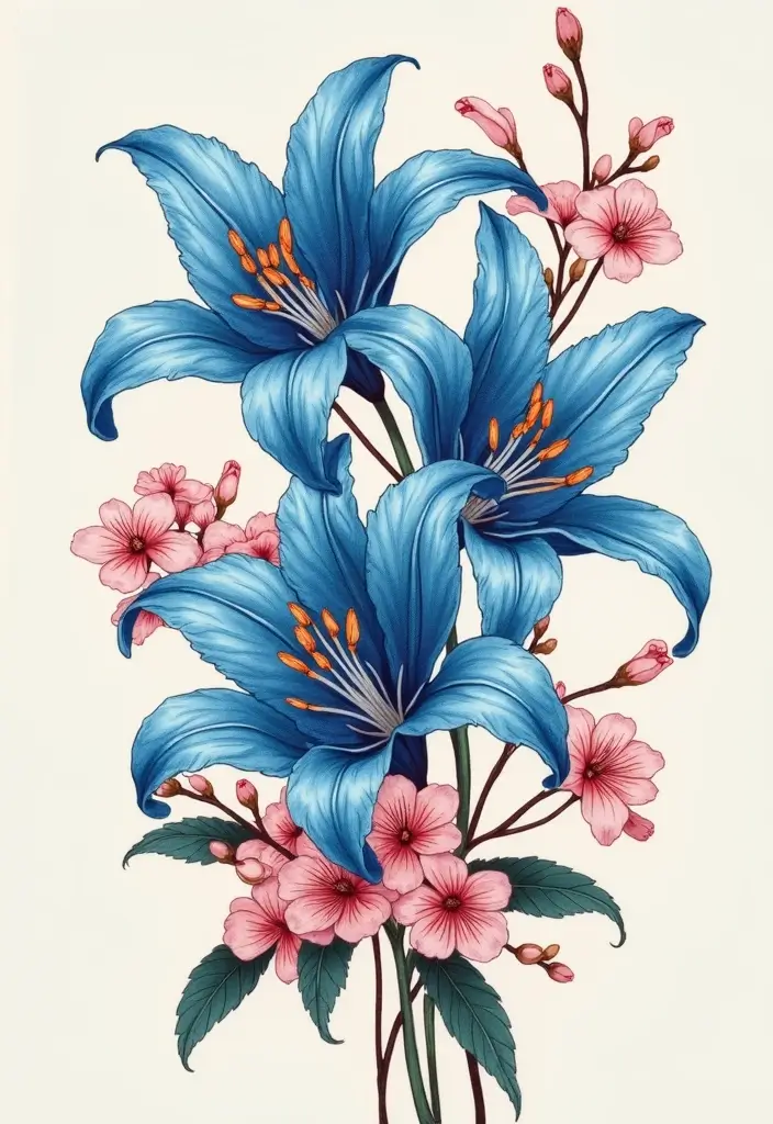 30 Blue Lily Tattoo Designs That Look Elegant - 17. Blue Lilies with Cherry Blossoms
