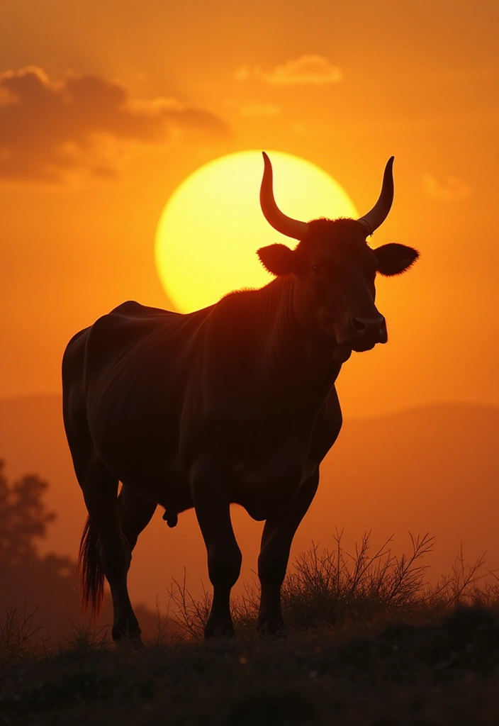 30 Bull Tattoo Chest Ideas Full of Strength - 17. Bull Silhouette with Sun