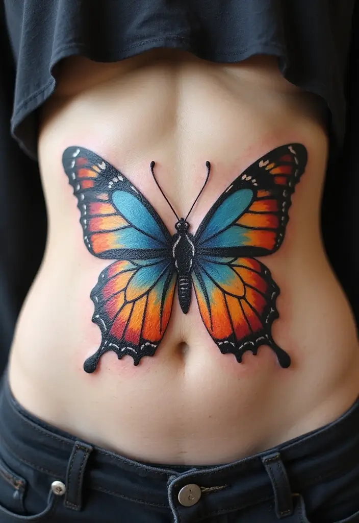30 Butterfly Tattoo Placement Ideas That Enhance Beauty - 17. Stomach: A Unique Canvas