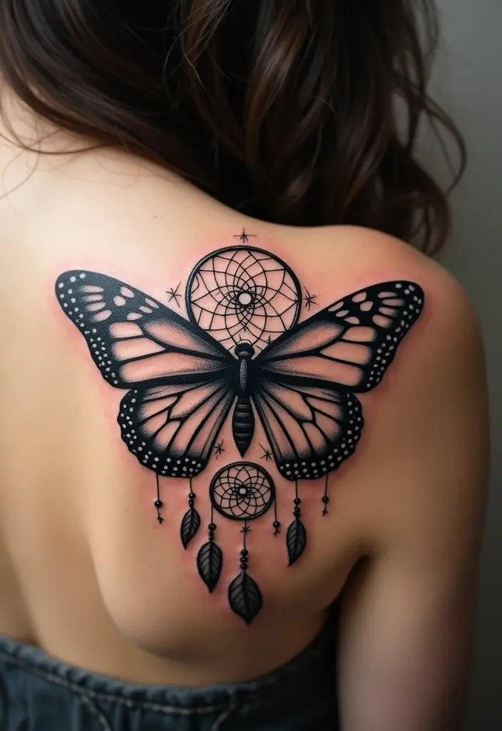 30 Butterfly Tattoos on Shoulder for Graceful Inspiration - 17. Butterfly and Dreamcatcher