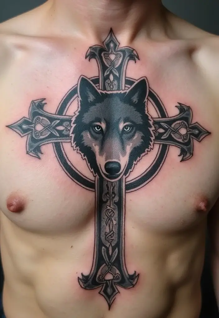 30 Celtic Cross Tattoos with Deep Spiritual Significance - 17. Celtic Cross with Wolf Symbolism