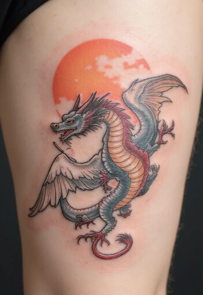 30 Chinese Dragon Tattoo Meaning and Artistic Designs - 17. The Dragon and the Crane