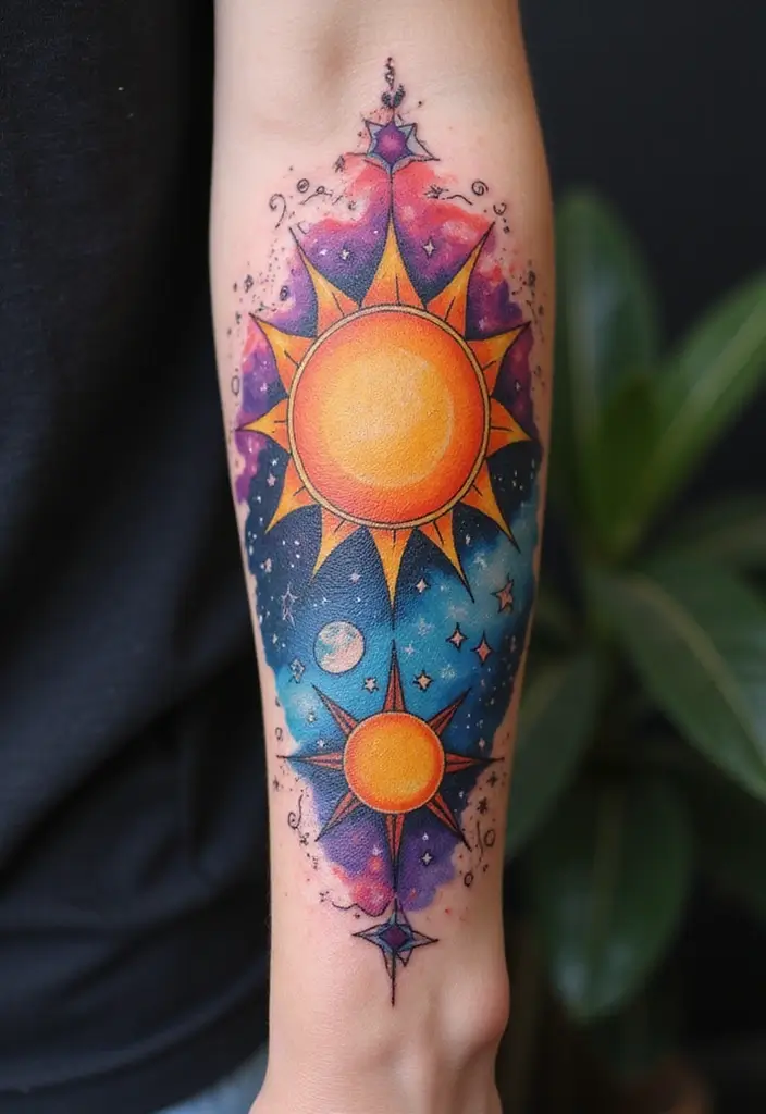 30 Colorful Arm Tattoos That Pop with Style - 17. Celestial Celebrations